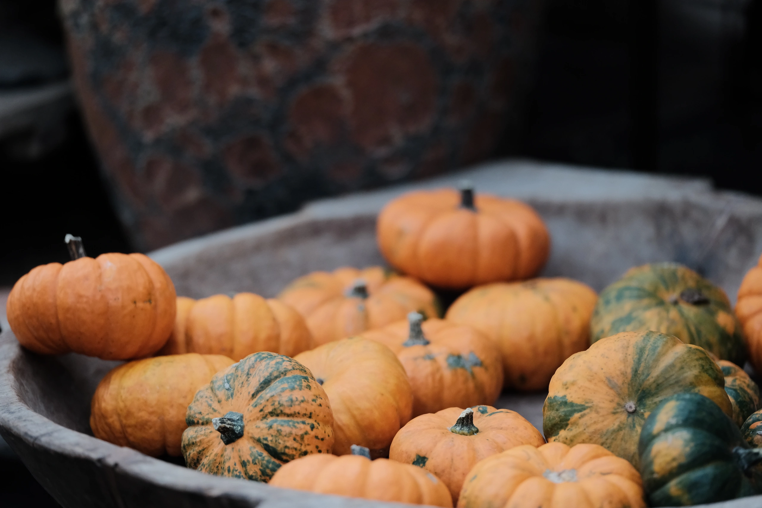 Ornamental pumpkins in a bowl