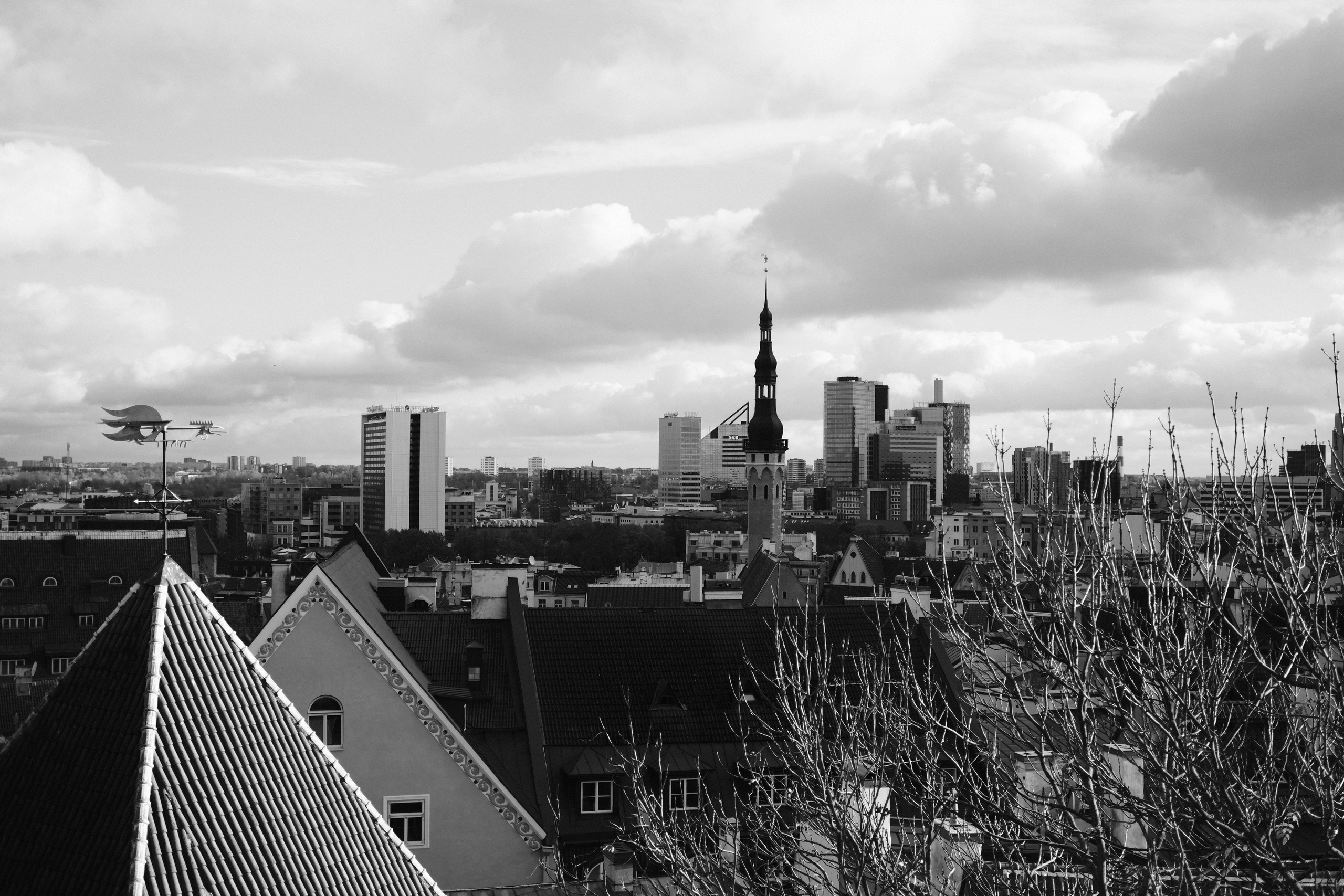 Tallinn skyline beyond steep foreground rooftops